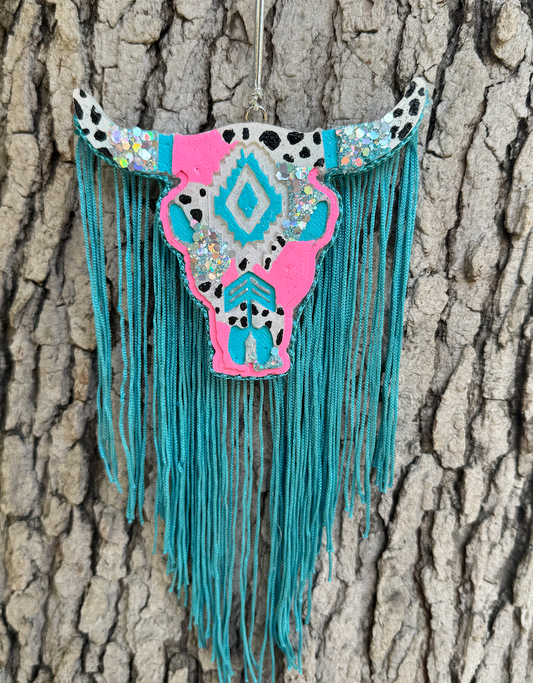 Bull Skull with Fringe--Pink & Teal